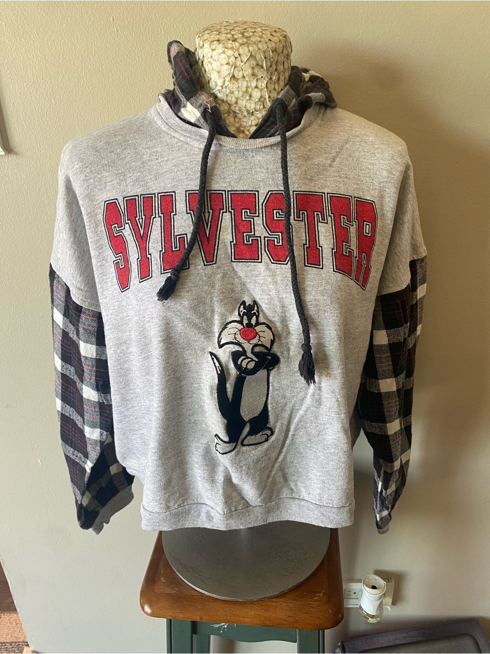 Vintage 1992 Sylvester Graphic Pullover crop top  Hoodie - Gray with Red